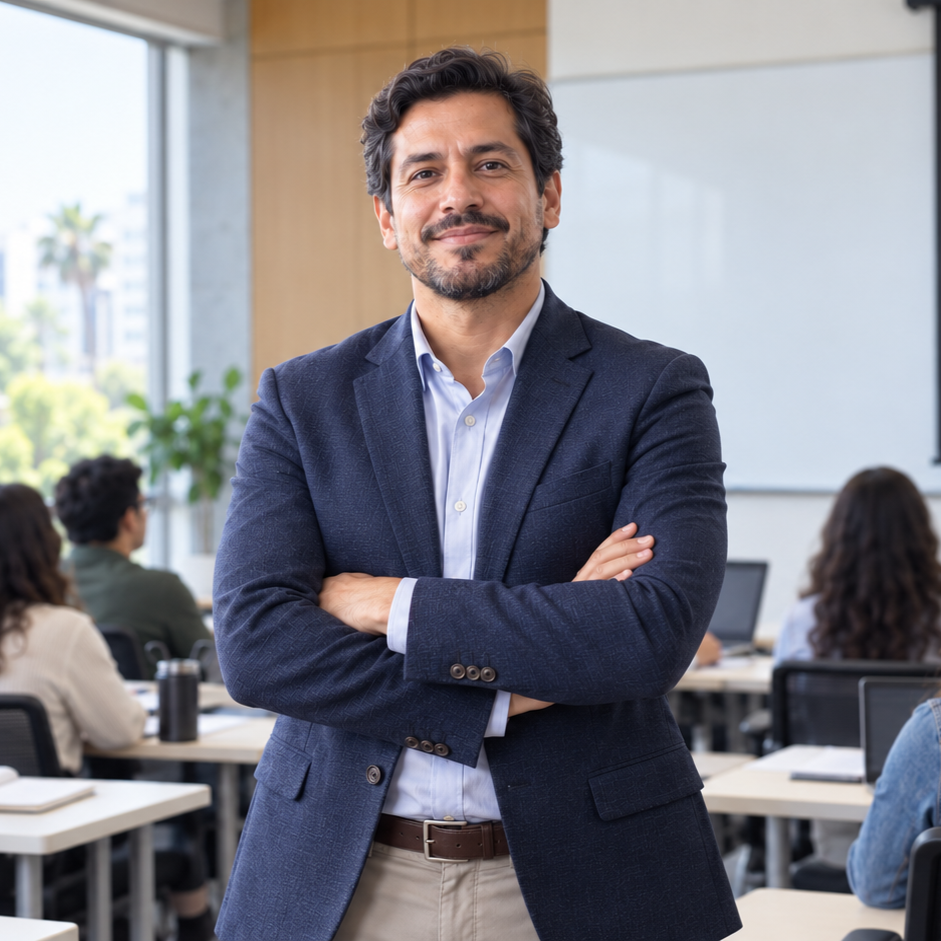 Profesional de posgrado en un aula universitaria