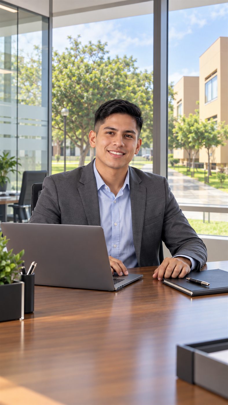 Estudiante de Administración en un entorno profesional