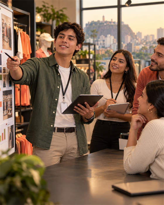Estudiante peruano en práctica de Administración presentando indicadores en una oficina