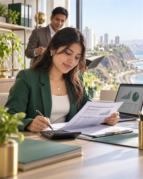 Estudiante peruana en práctica de Contabilidad revisando reportes financieros