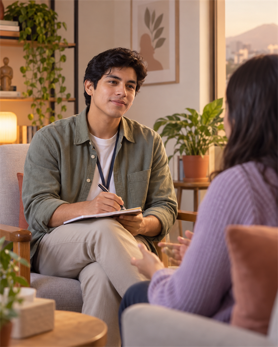 Estudiante peruana en práctica de Psicología conversando con una joven en un espacio de orientación