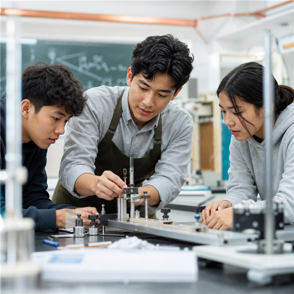 Estudiantes realizando práctica de física y matemática
