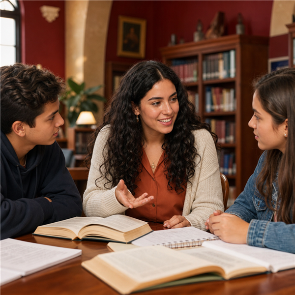 Estudiantes trabajando literatura